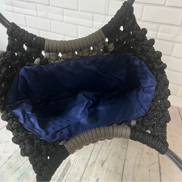 Vintage Macrame Handbag Purse Black Gray Bag Handmade Boho Round Handles MCM - Picture 2 of 13